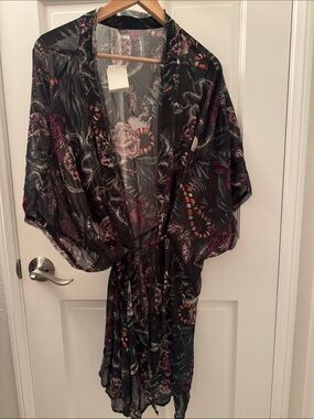 Divided H&M Sheer Floral Kimono Robe in Black with Purple serpents snakes floral
